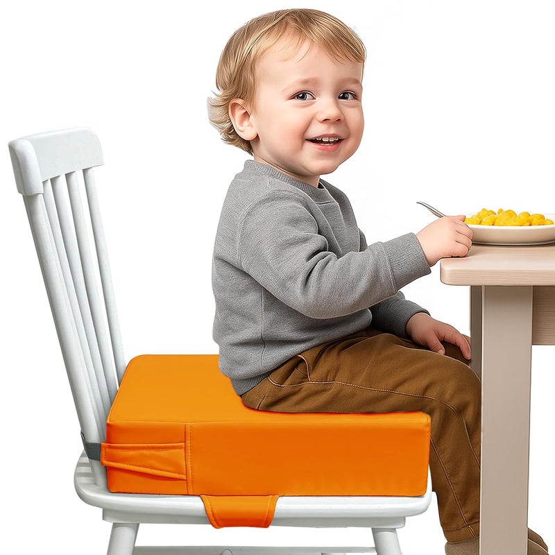 AAAini Toddler Booster Seat for Dining Table – PU Washable Cushion with Double Safe Straps, Non-Slip Bottom, Portable Travel Booster Seat for Toddlers (Orange) - Image 5